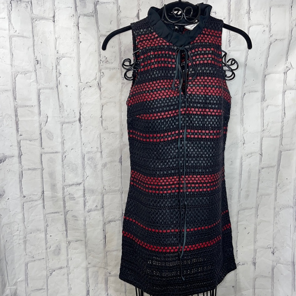 Magda Butrym Dress Sleeveles Woven Leather Loose Weave Ruffle Collar Zipper Back